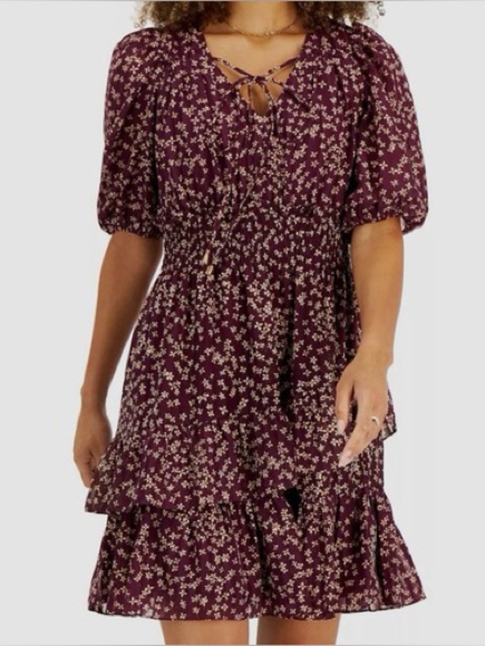 Taylor Women's Purple Floral Tiered Hem Peasant A-Line Dress Size